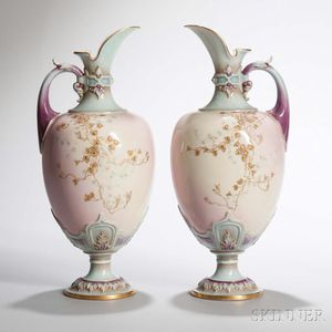 Pair of Worcester Porcelain "Prismatic Enamels" Ewers