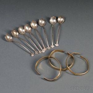 Eight Silver Demitasse Spoons and Three Gilt-metal Bangles