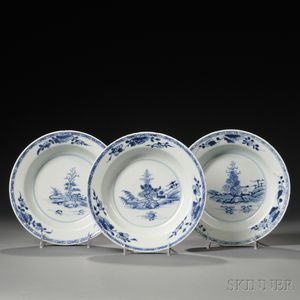 Three Export Blue and White Soup Plates
