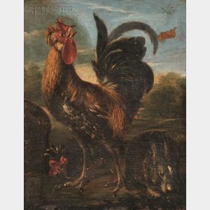 School of Melchior de Hondecoeter (Dutch, 1636-1695) Roosters and a Rabbit