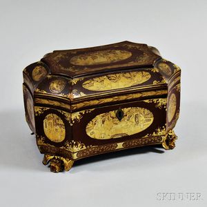 Chinese Export Lacquered and Gilt Tea Caddy