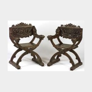 Pair of Continental Renaissance-style Beechwood Savanarola Chairs