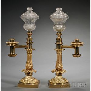 Pair of Empire-style Bronze and Colorless Cut Glass Argand-type Oil Lamps
