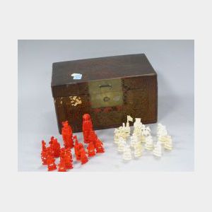 Chinese Gilt Laquer Box with a Set of Carved Ivory Chess Figures.