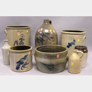 Four Stoneware Crocks, Two Jugs, a Large Milk Pan and a Bottle