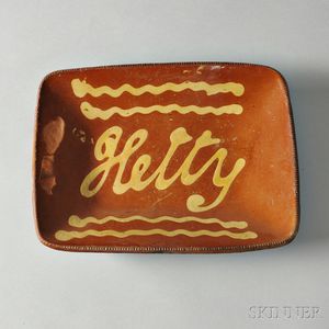 Redware Loaf Dish with Yellow Slip Inscription "Hetty,"