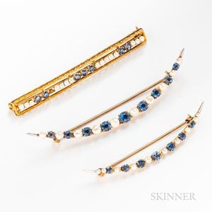 Three Antique Gold, Pearl, and Sapphire Brooches
