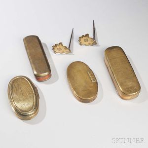Four Brass Tobacco Boxes and a Pair of Brass and Iron Mirror Rests