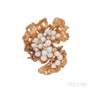 14kt Gold, Cultured Pearl, and Diamond Brooch