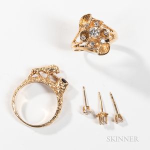 Two 14kt Gold Gem-set Rings and Three Diamond Earstuds