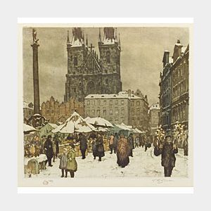 Tavik Frantisek Simon (Czechoslovakian, 1877-1942) Market Place in Winter.
