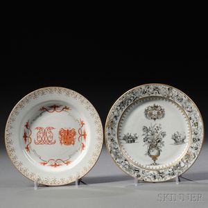 Two Chinese Export Porcelain Armorial Marriage Plates