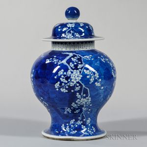 Blue and White Covered Hawthorne Jar