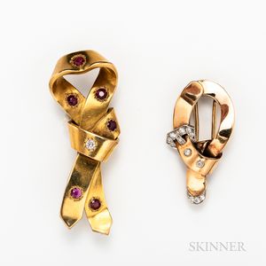 22kt Gold, Ruby, and Diamond Knot Brooch and a 14kt Gold and Diamond Knot Brooch