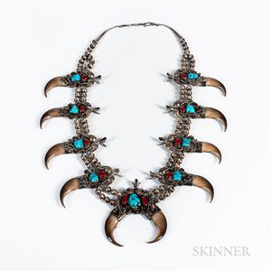 Navajo Silver, Turquoise and Bear Claw Necklace