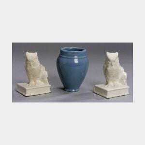 Rookwood Pottery Vase and Pair of Owl-form Bookends