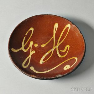 Redware Plate with Yellow Slip Inscription "GH,"