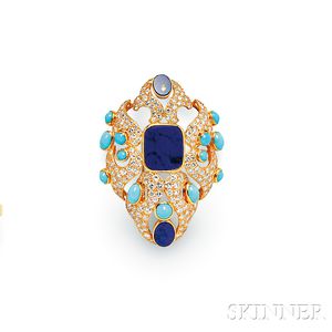 18kt Gold, Lapis, Diamond, and Turquoise Brooch