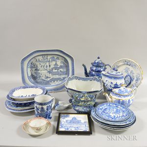 Large Group of Mostly Blue and White Transfer-decorated English Ceramics and Canton Porcelain