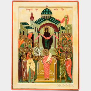 Modern Russian Gilt and Polychrome Lacquered Wooden Icon