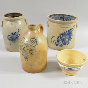 Three Cobalt-decorated Stoneware Vessels and a Dendritic-decorated Yellowware Bowl