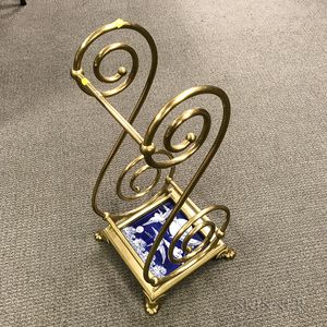 Brass Umbrella Stand with Mintons Blue and White Ceramic Crane Tile
