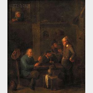 Attributed to Cornelisz Mahu (Flemish, 1613-1689) Tavern Interior with Backgammon Players