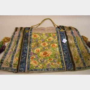 Chinese Silk Embroidered Bag with Carved Ivory and Hardstone Beaded Tassels.