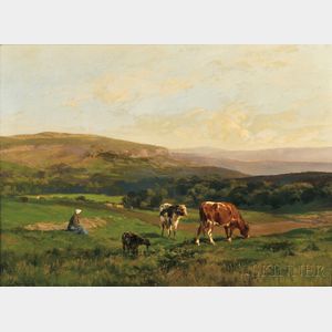 Clément (Charles-Henri) Quinton (French, 1851-1921) Rural France /Pasture View with Shepherdess and Livestock