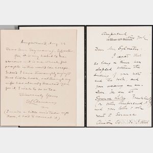 Twain, Mark (1835-1910) and Olivia Langdon Clemens (1845-1904) Two Autograph Letters Signed, 28 August, [1901?] Ampersand, New York.