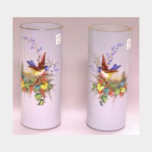 Pair of Enamel Decorated Bluebird and Floral Bristol Pale Blue Glass Vases.