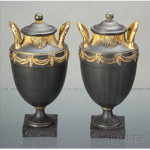 Pair of Wedgwood & Bentley Black Basalt Vases and Covers