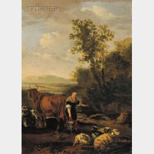 Attributed to Nicolaes Berchem (Dutch, 1620-1683) Woman Carrying a Milk Bucket with Livestock in a Landscape