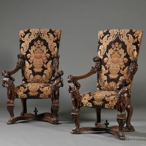 Pair of Venetian Baroque-style Carved Walnut Armchairs