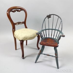 Miniature Green-painted Windsor High Chair and Victorian Gondola Chair