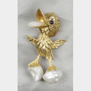 18kt Gold and Cultured Baroque Freshwater Pearl Duckling Brooch