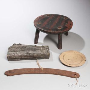 Wooden Stool, Shaker Coat Hanger, Trencher, and Textile Printing Block