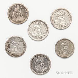 Five Seated Liberty Quarters and a 20 Cent Piece
