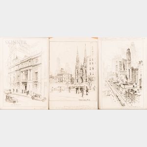 Vernon Howe Bailey (American, 1874-1953) Five New York City Scene Pen Drawings: Harvard Club; St. Pauls Cathedral from Rockefeller Pla