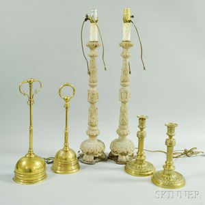Pair of Painted and Carved Table Lamps, a Brass Stand, a Pair of Brass Candlesticks, and Two Brass Doorstops.