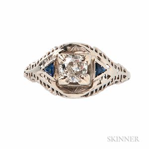 Art Deco 14kt White Gold, Diamond, and Sapphire Filigree Ring