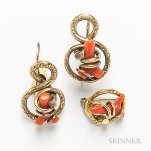 Pair of Victorian 14kt Gold and Coral Earrings and a Similar Brooch