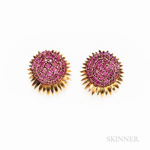 Pair of Retro 18kt Gold and Ruby Cluster Earclips