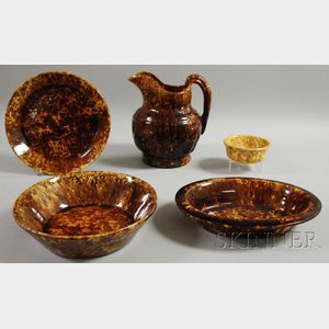 Five Rockingham/Bennington Glazed Pottery Items