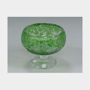 Stevens and Williams Acid Etched Green to Clear Cameo Glass Footed Bowl.