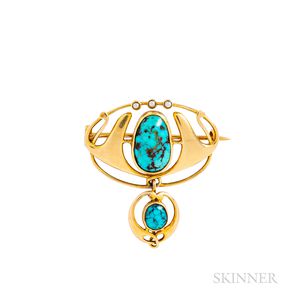 Murrle, Bennett & Co. Arts & Crafts 15kt Gold and Turquoise Brooch