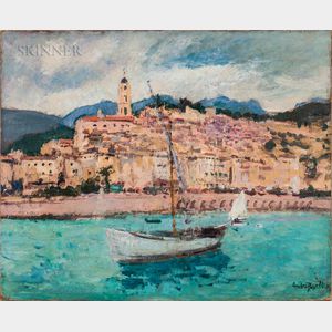 André Barbier (French, 1883-1970) Sailboats by a Mediterranean Port, Possibly Antibes