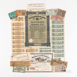 Three German Bond Sheets/Documents, Jamieson Oil Co. Stock Certificate, Four 19th Century U.S. Notes, and Seven 20th Century European C