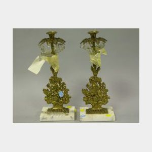 Pair of Brass Flower Basket Girandole Candleholders with Marble Bases.