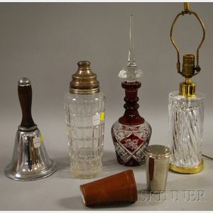 Orrefors Cut Crystal Table Lamp, Three Cocktail Shakers, and a Bohemian Etched Ruby Flash Glass Decanter